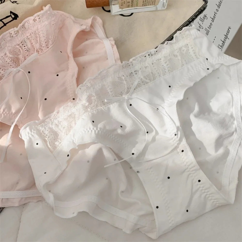 Lingerie Mid-waist Underwear Women Ruffle Patchwork Cotton Bow Briefs Dots Underpants Sweet Panties Summer