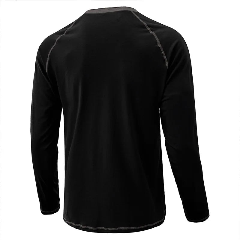 Summer  Autumn Men's American Heavy Cotton Henry Shirt  Long Sleeve Fitness Tough Guy T-Shirt Casual  T Shirt for Men Clothing