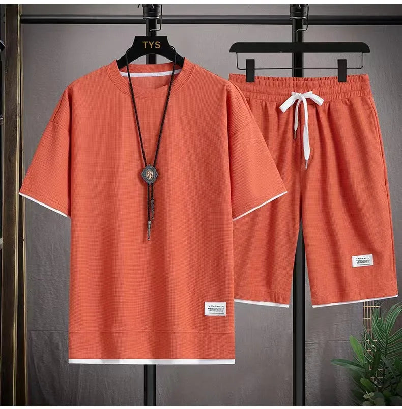 2025 Men's Sports Set Casual T-shirt and Shorts Loose and Comfortable Summer Waffle Set Jogging Set
