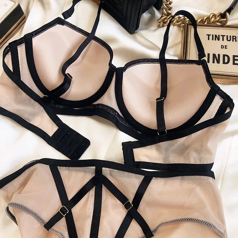2 Pieces Classic Bandage Push Up Bra Set Europe Sexy Lace Underwear for Women Plus Size CD Cup Brassiere Female Panties Lingerie