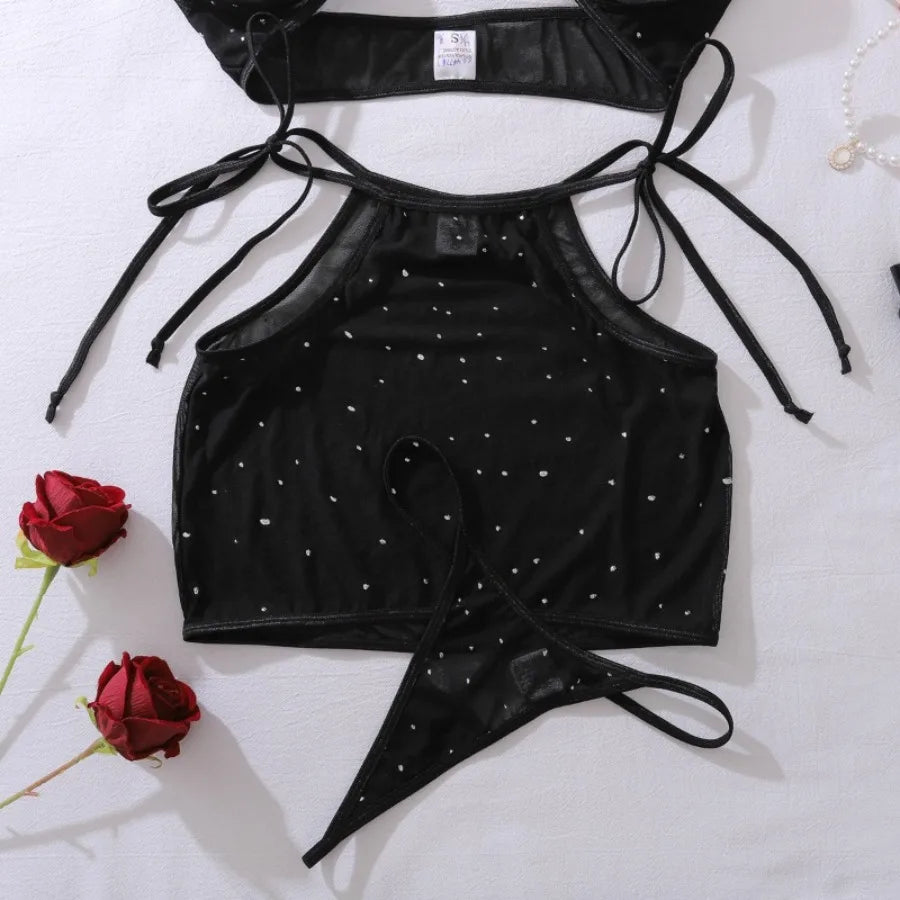 Lingeries Sexy Hot Women Black Cross Halter Hollow Bra Brief Skirt Starry Transparent Underwear Set 3 Piece Erotic Lingerie Sets