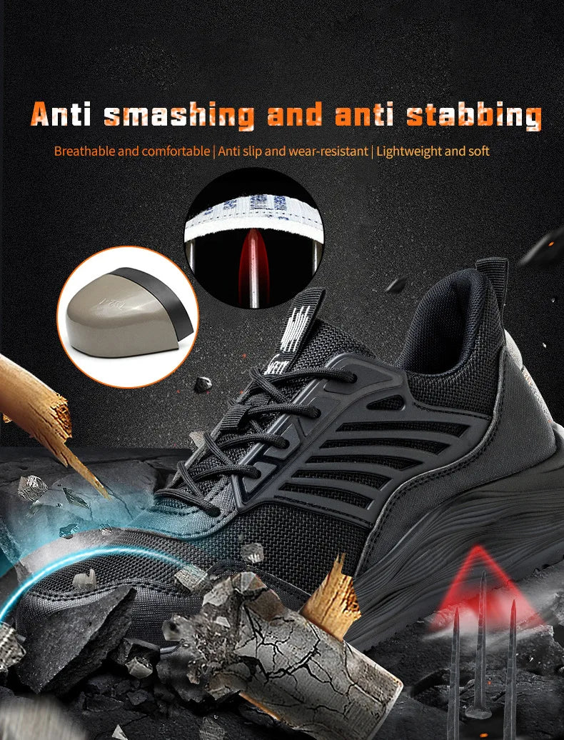 Men's Waterproof Steel Toe Shoes Safety Shoes Anti Compression Anti Puncture Comfortable Protection Pure Black Work Shoes