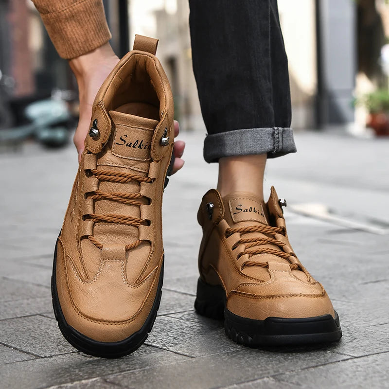 Men's High-Top Round-Toe Fashion Boots Lace-Up Outdoor Hiking Shoes Spring/Fall Thick-Sole Casual Oversized Men's Shoes