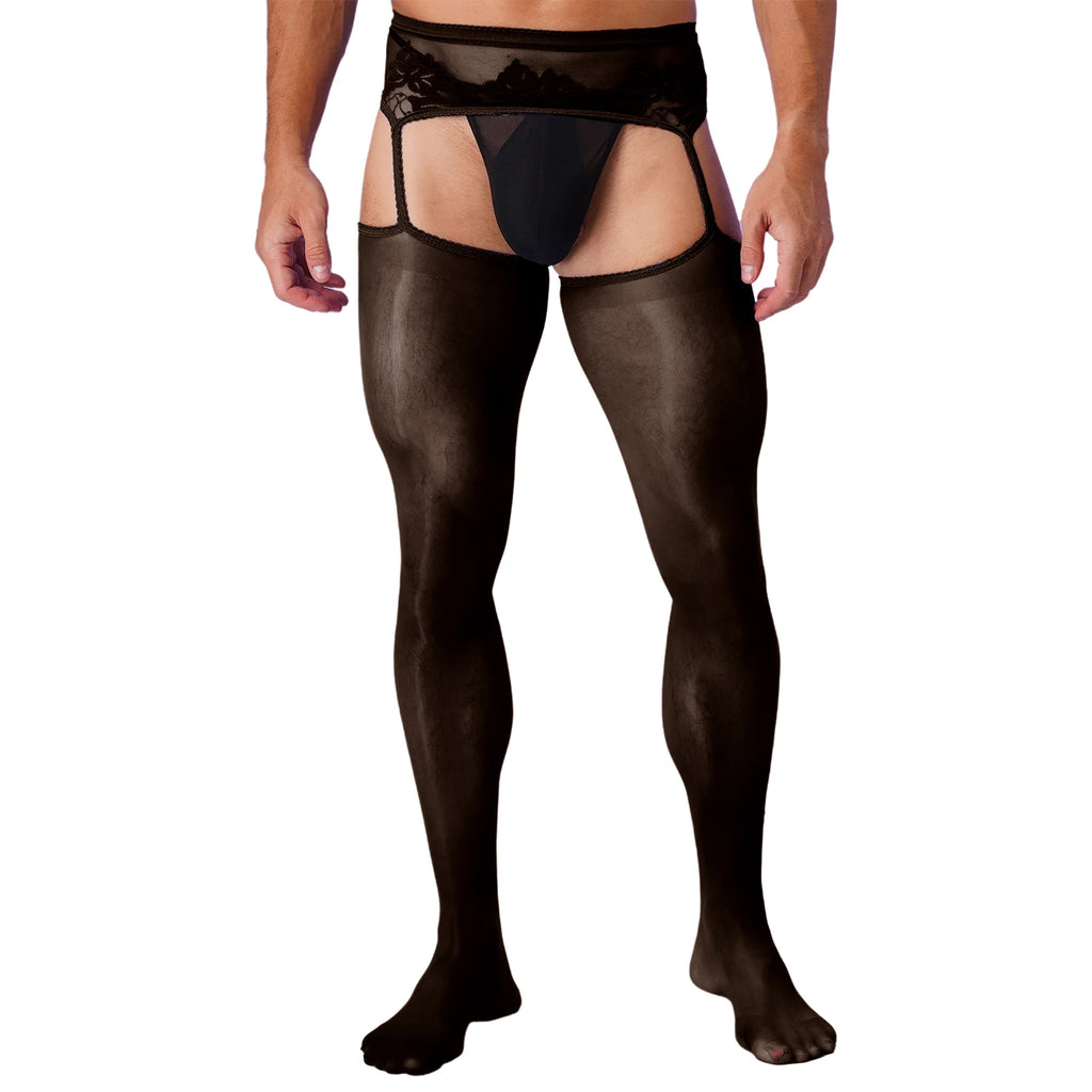 Lingerie Mens Ultra Thin Mesh Leggings Gays Pantyhose Floral Lace See Through Underpants Garter Stockings for Night Dating Wear