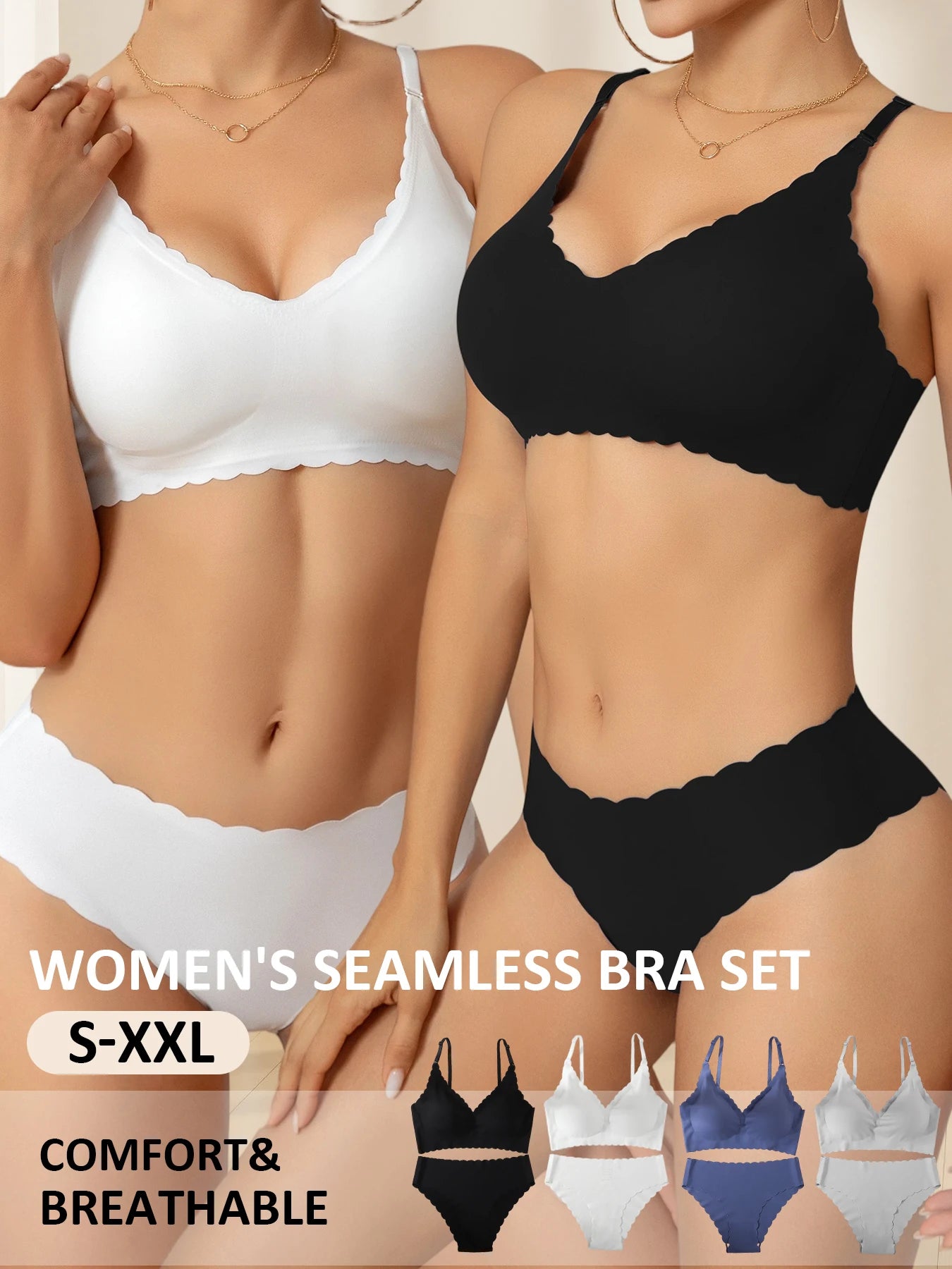 1 Set Solid Color Seamless Bra Panties Women Underwear Set Soft Breathable Removable Padding Ruffled Bralette Ultra-thin Briefs