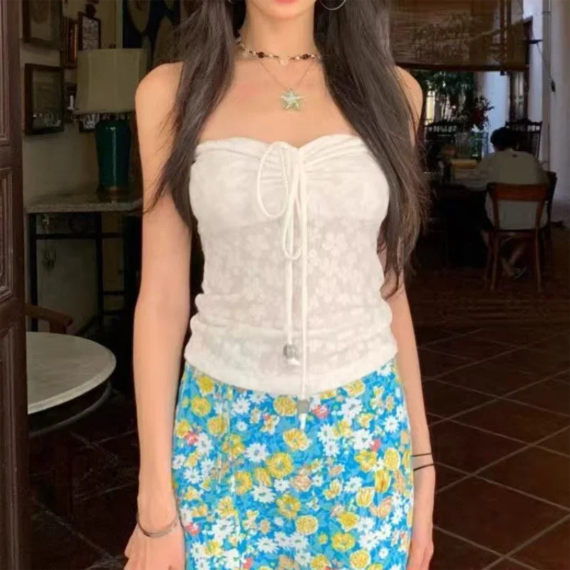 Summer Beach Vacation Floral Tube Top For Women Lace Up Camisole Sexy Backless Basic Top Halter Camis Y2k Streetwear