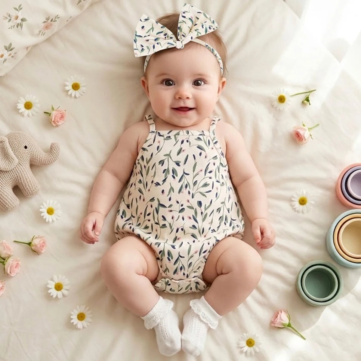 Summer Cute Baby Girls Bodysuits  Infants Printing Clothing Onesies with Headband Floral