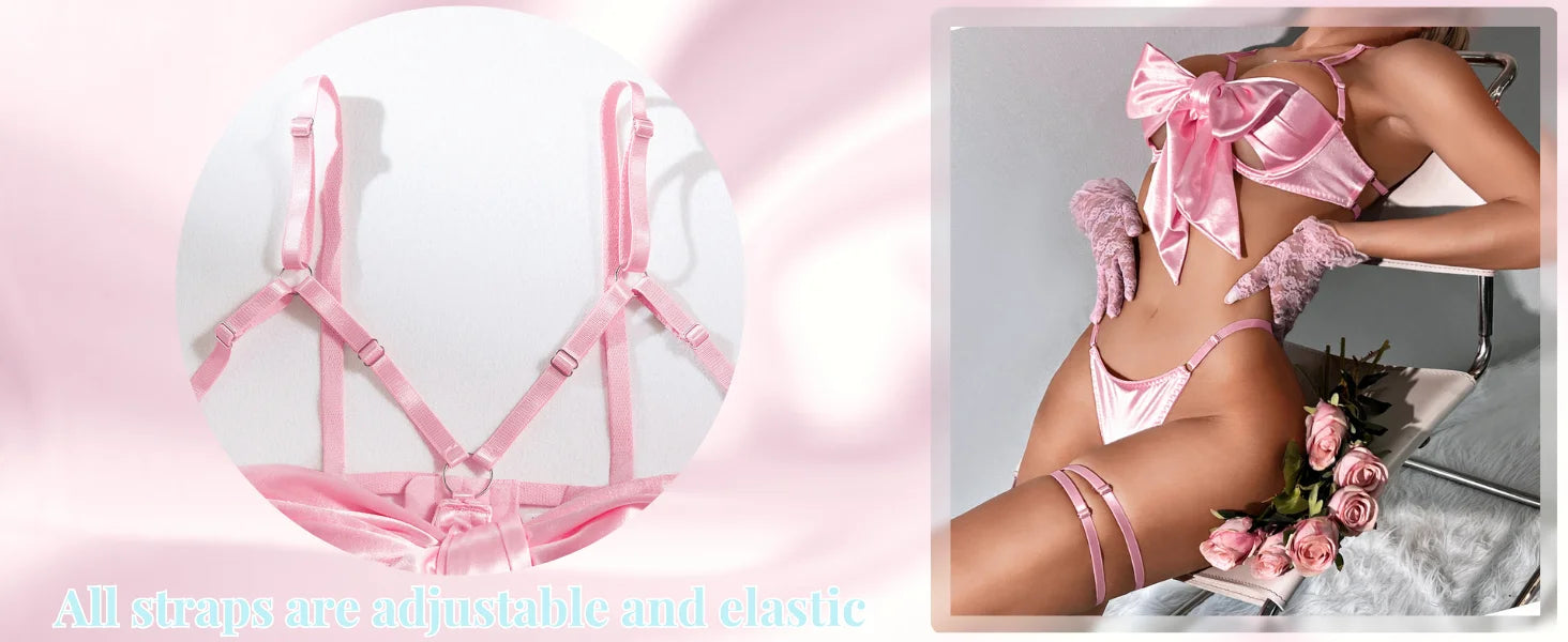 Women's 3 Piece Lingerie Set Sexy Hollow Out Satin Bow Tie Bra and Panty Set with Thigh Straps