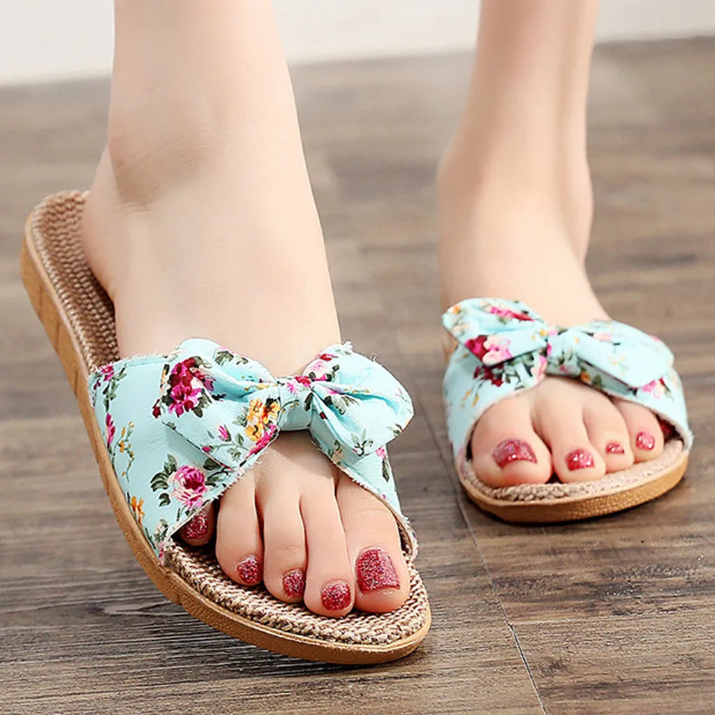 Shoes For Woman Sandalias Mujer Women Female Bowknot Flax Linen Flip Flops Beach Shoes Sandals Slipper Chaussures Femme