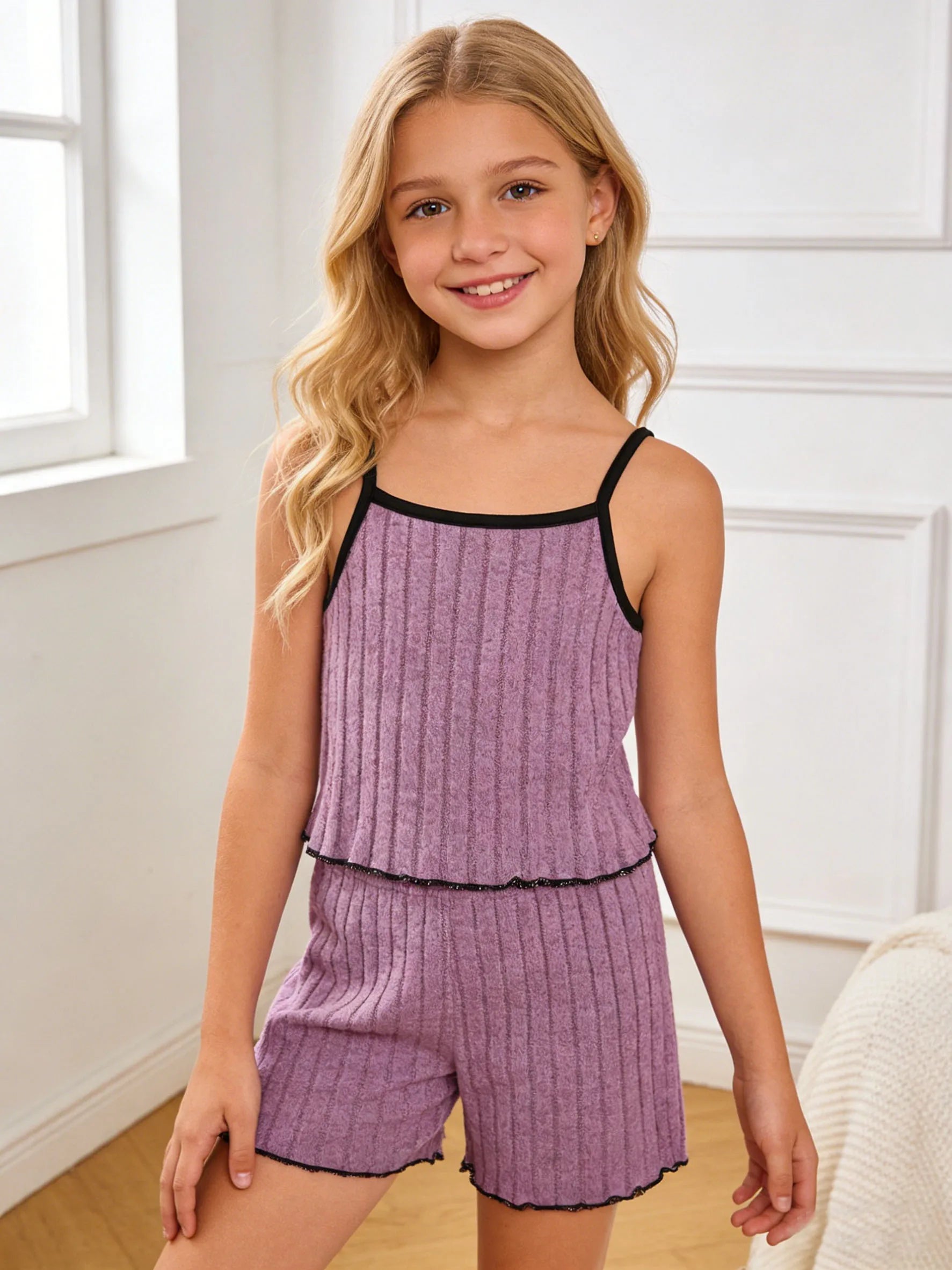 Summer collection of fashionable home clothes for girls, including outdoor casual plush tops, camisoles, vests, and shorts.