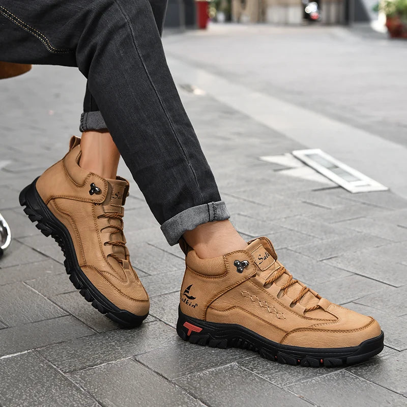 Men's High-Top Round-Toe Fashion Boots Lace-Up Outdoor Hiking Shoes Spring/Fall Thick-Sole Casual Oversized Men's Shoes