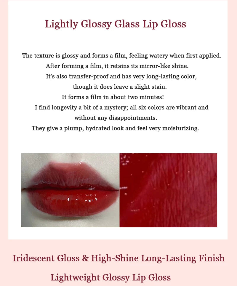 6 colors Light Glass-Like Lip Lacquer - Mirror Shine, Hydrating Formula; Smudge-Proof, Long-Wear, and Skin-Brightening