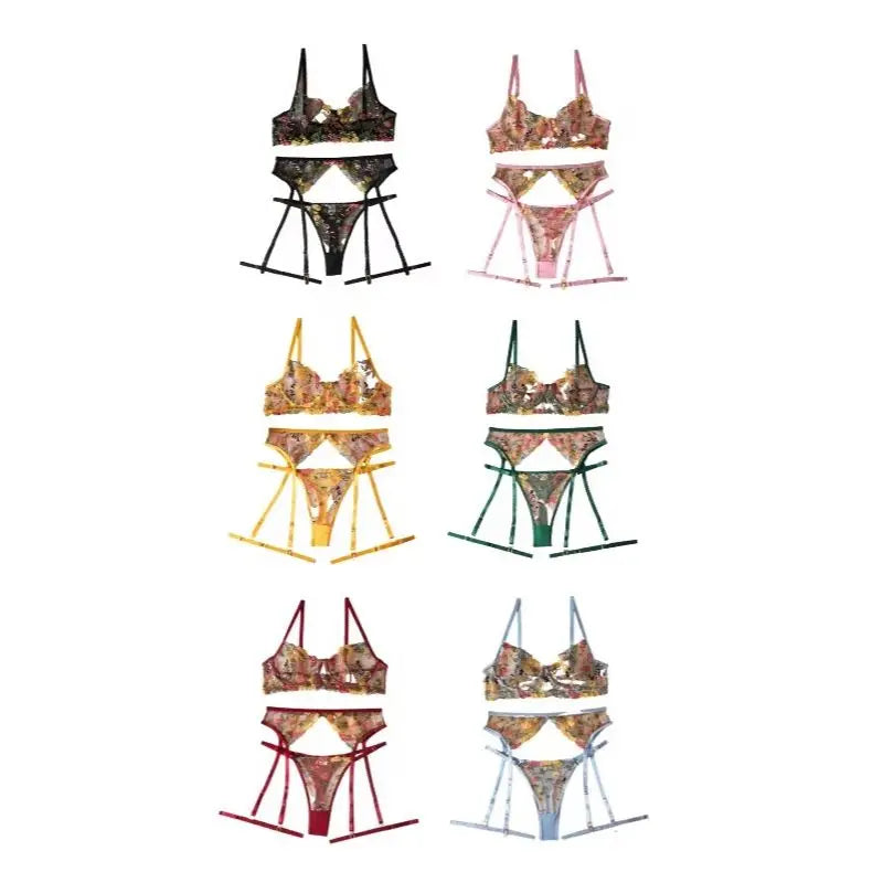 Lingerie Set Sensual Lace Underwear Transparent Embroidery 3 Pcs Garters Fancy Beautiful Short Skin Care Kits Intimate Bra Set