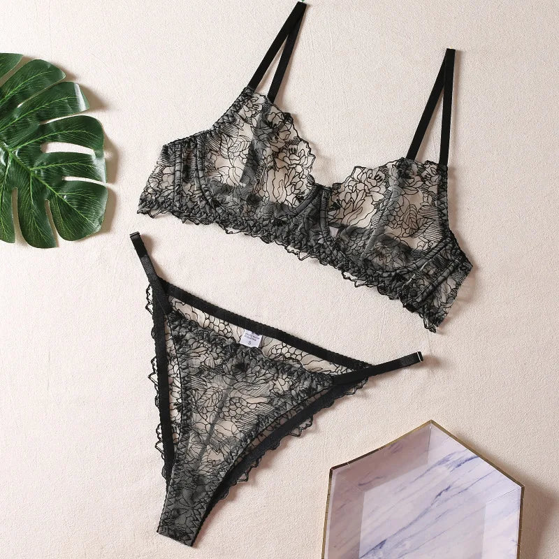 Women Bra and Briefs Sets Lace Flower Embroidery Sexy Perspective Underwire Erotic Lingerie Panty Two-Piece Underwear Set 2026