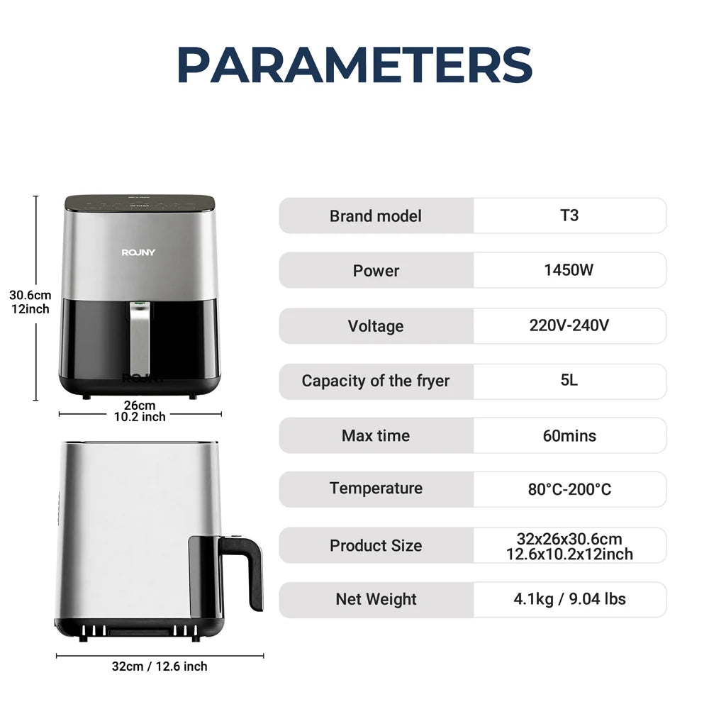 Digital Air Fryer 1450W 5L Oil-Less Cooker, Touch Control Air Fryer Oven with Visible Window for Home