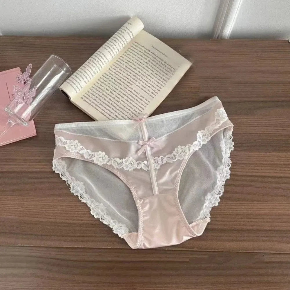 Lingerie Bow Lace Flower Panties Seamless Transparent Underwear for Women Patchwork Mid Waist Mesh Lace Briefs Girl