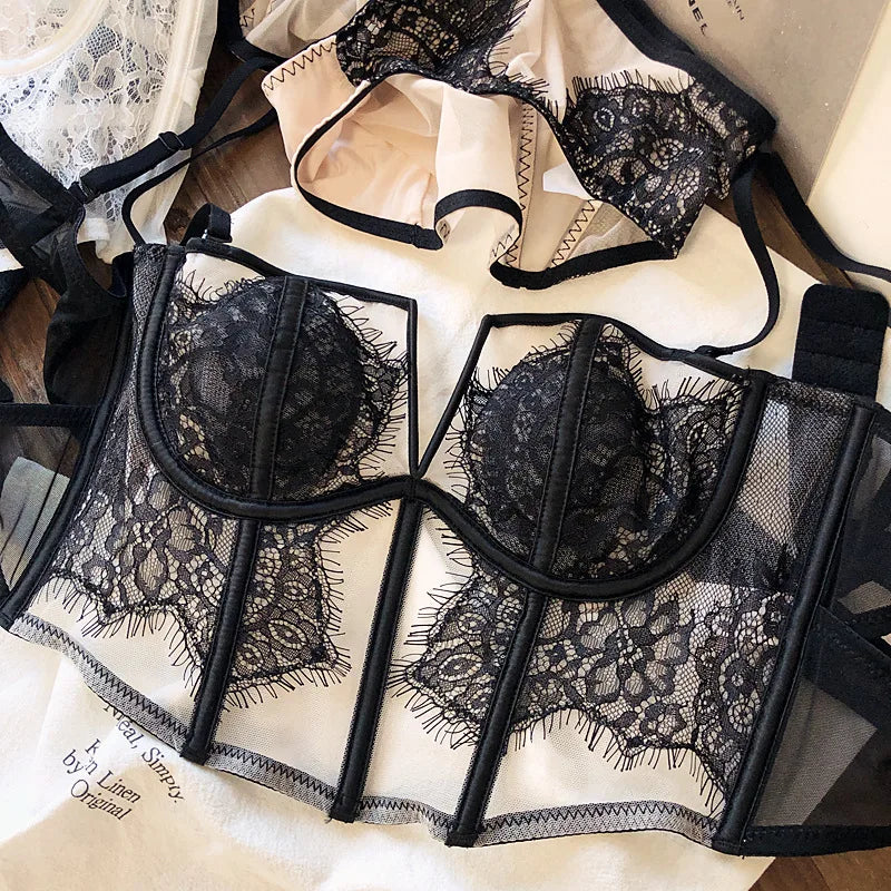 Sexy fishbone vest bra panty set eyelashes lace perspective soft steel ring anti-sagging underwear women bralette
