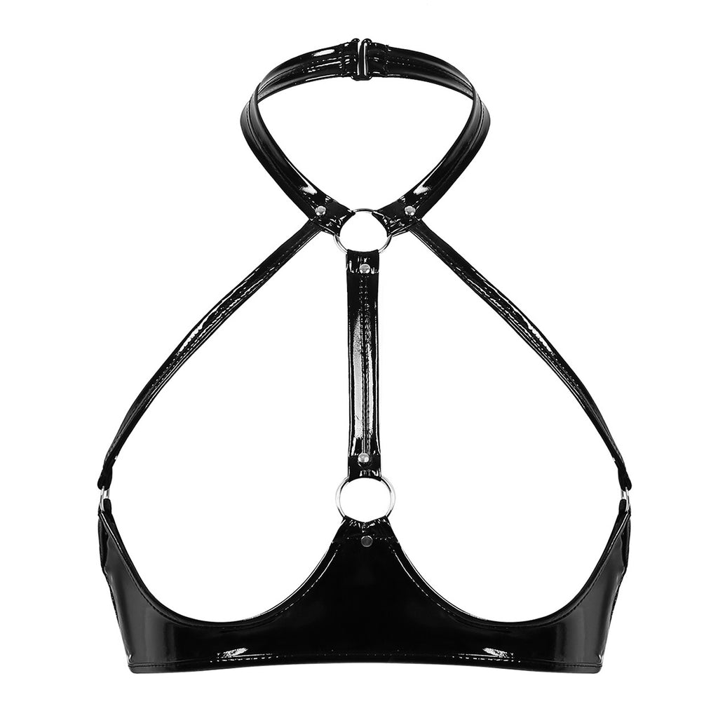 Lingerie Sexy Set Women Wetlook Patent Leather Wire-free Open Cup Sexy Bra with Ruffle Built-in Thongs Garter Belt Mini Skirts