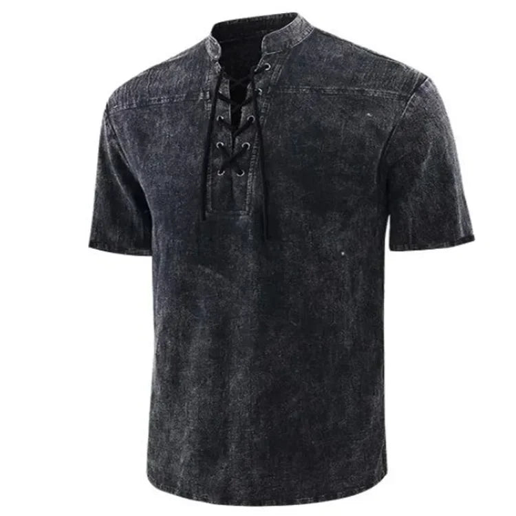 Summer T Shirt Men Stand Collar Front Lace Up Short Sleeve V Neck Slim T Shirt Streetwear for Daily Wear Casual Tops Tees S-5XL