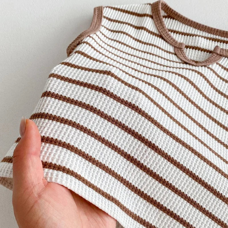 Summer baby clothes 0-5T solid color boys striped sleeveless T-shirt shorts set breathable girls vest short sleeved shorts set