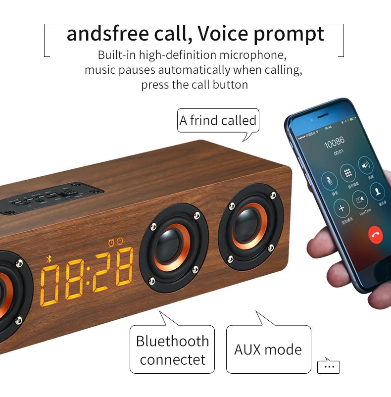 Wireless Bluetooth 5.0 Speakers For Computers Wooden Alarm Clock Display Sound System Player with AUX TF FM Radio Subwoofer Box