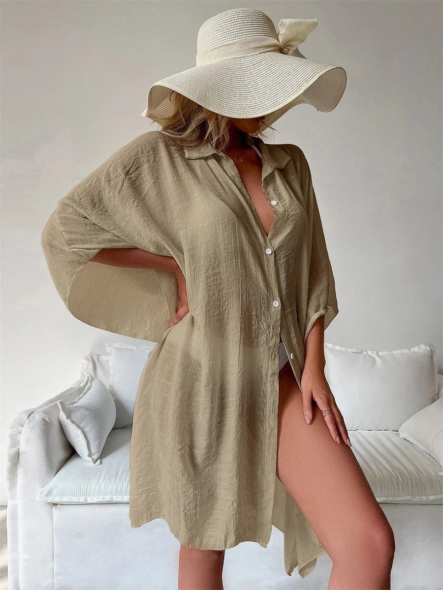 Summer Casual  Sunscreen Beach Dress Woman Bikini Cover-up Swimsuit Solid Sexy Beachwear Loose Cardigan Sun Protection Dresses