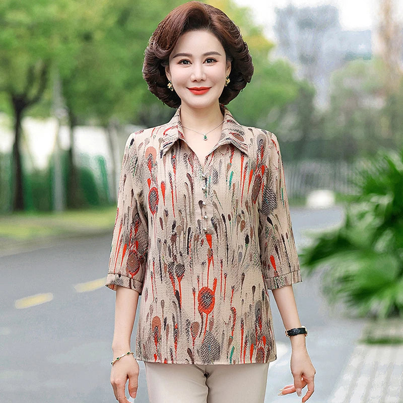 Summer Plus Size Shirt For Women's 2025 Printed Loose Top Mulberry Silk Blended Vacation Work Women's Clothing