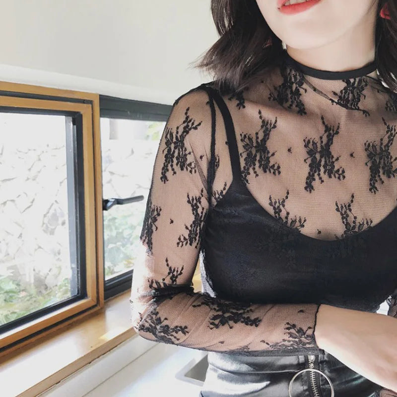 Summer Women Lace Floral Embroidery Blouses Shirt Ladies tops Sexy mesh Blouses Transparent Elegant See-through Black Shirt
