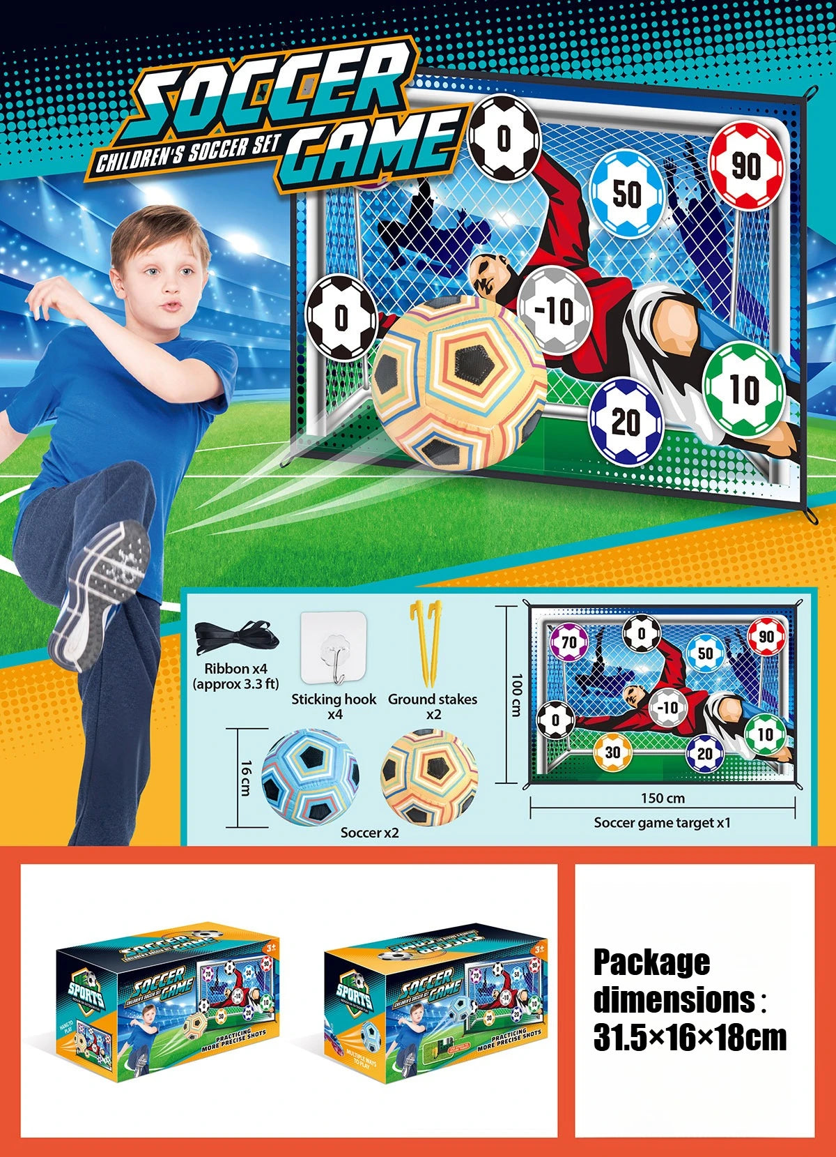 150CM Kids Football Game Set Indoor Outdoor Training Game Mat with Target Areas Practice Shoot Gifts for Children