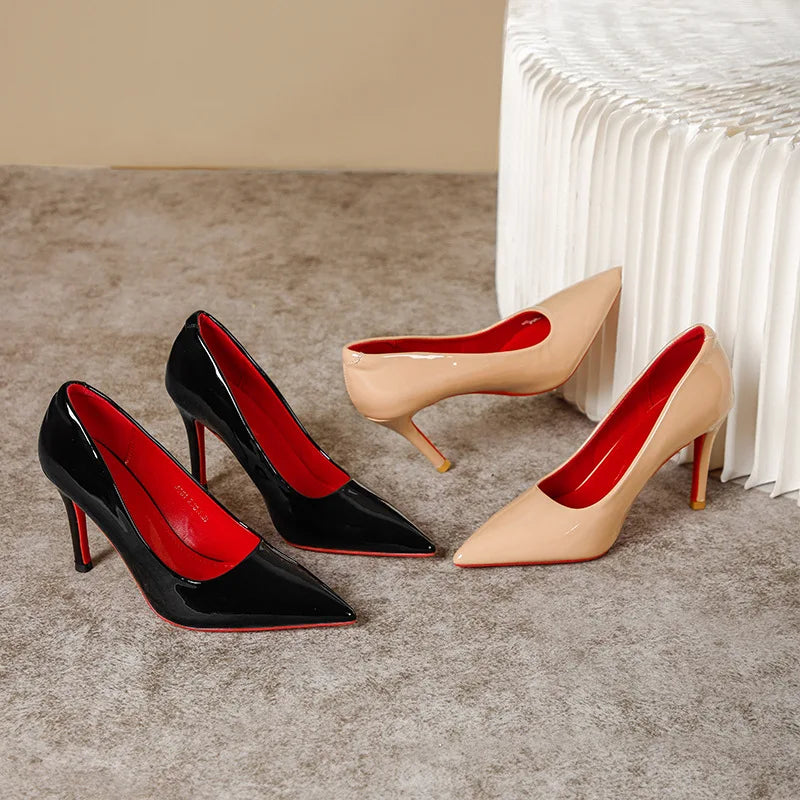 Sexy Nude High Heels Red Sole Women's Shoes Fashionable Thin Heel Single Shoes for Women Super Fibre Leather Inner Material