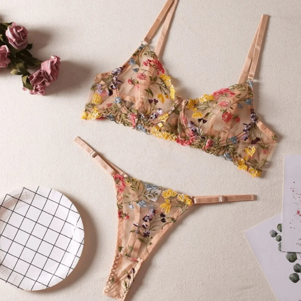 2-Piece Versatile Floral Lingerie Set Embroidery Sheer Boho Bra Panty Set Intimates
