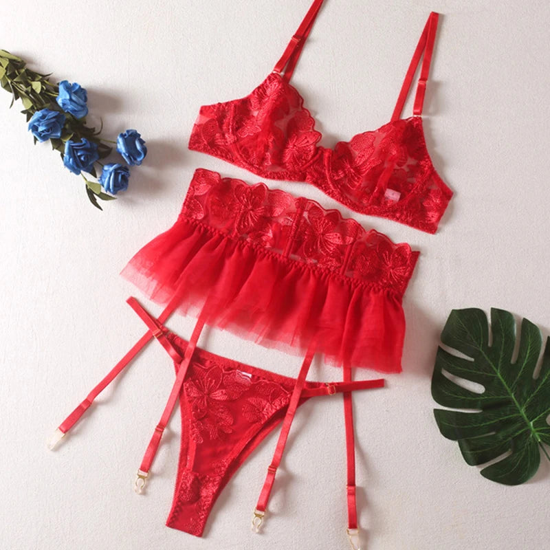 Lingerie Set Women Sexy Underwear Push Up Strappy Embroidered Mesh Sheer Lingerie Set See Through Panty Bra 3 Piece Langerie