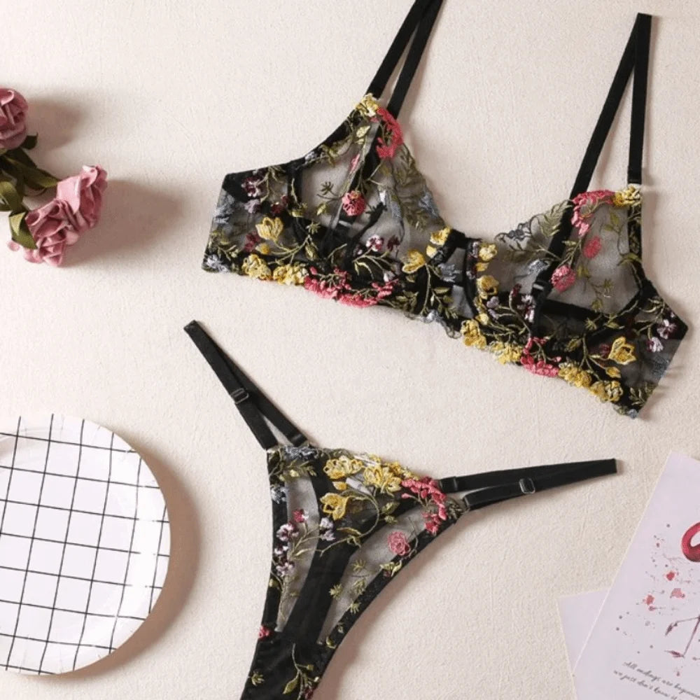 2-Piece Versatile Floral Lingerie Set Embroidery Sheer Boho Bra Panty Set Intimates