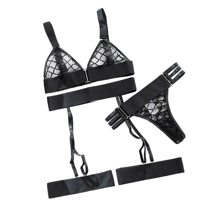 Women's Sexy Transparent Bra And Panty Set with Garters Sling Bra Brassiere Suit Temptation Lingerie Underwear