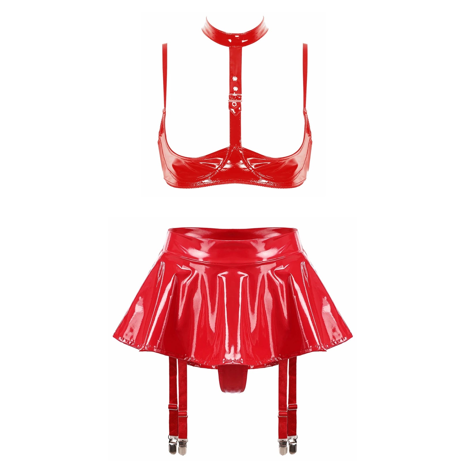 Lingerie Sexy Set Women Wetlook Patent Leather Wire-free Open Cup Sexy Bra with Ruffle Built-in Thongs Garter Belt Mini Skirts