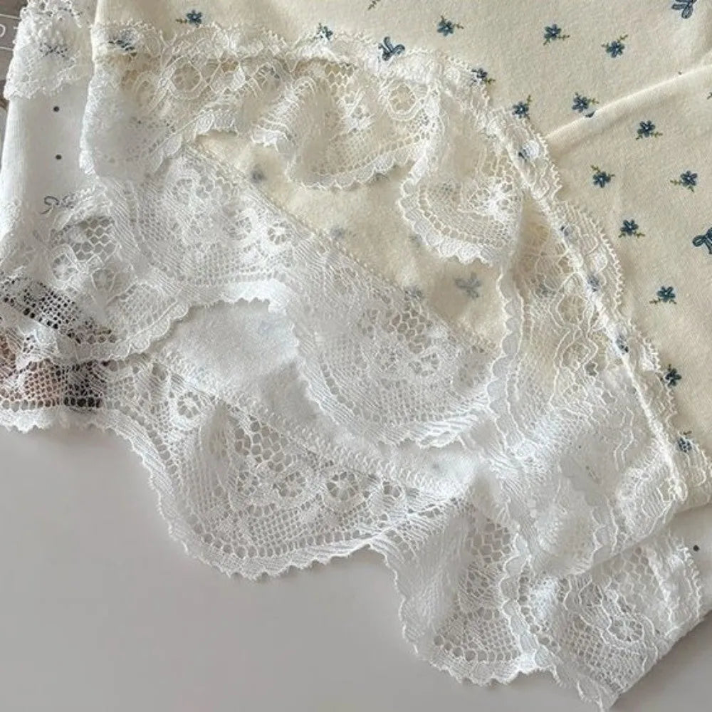 Lingerie Mid Waist Sweet Lace Panties Tulip Bow Underwear for Women Polka Dot Grid Floral Cotton Pnaties Female