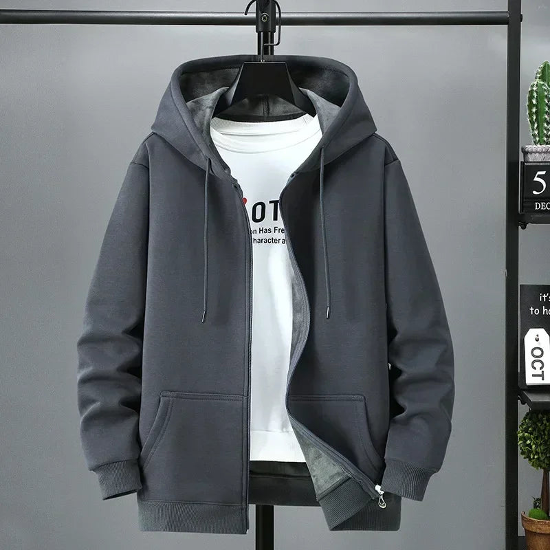Big size Fleece hooded cardigan men's autumn winter trendy fashion jacket plus size hoodie  12XL 10XL large size  men clothing