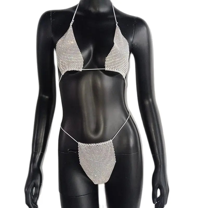 Bling Rhinestones Bra Panty Set Women Sexy Halter Bra Sexy Panty Two Piece Set Summer Beach Outfits Party Club Matching Sets