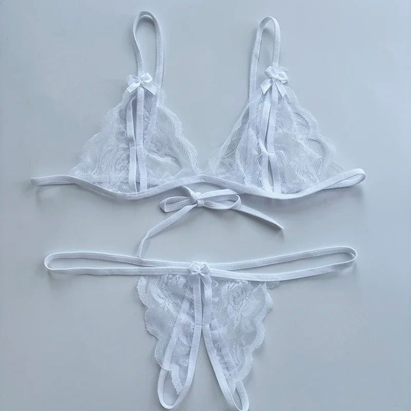 Sexy Lace-up Lingerie Set Women Hot Open Crotch Transparent Sexy Bra and Panty Sets Sex Temptation Erotic Couples Date Underwear