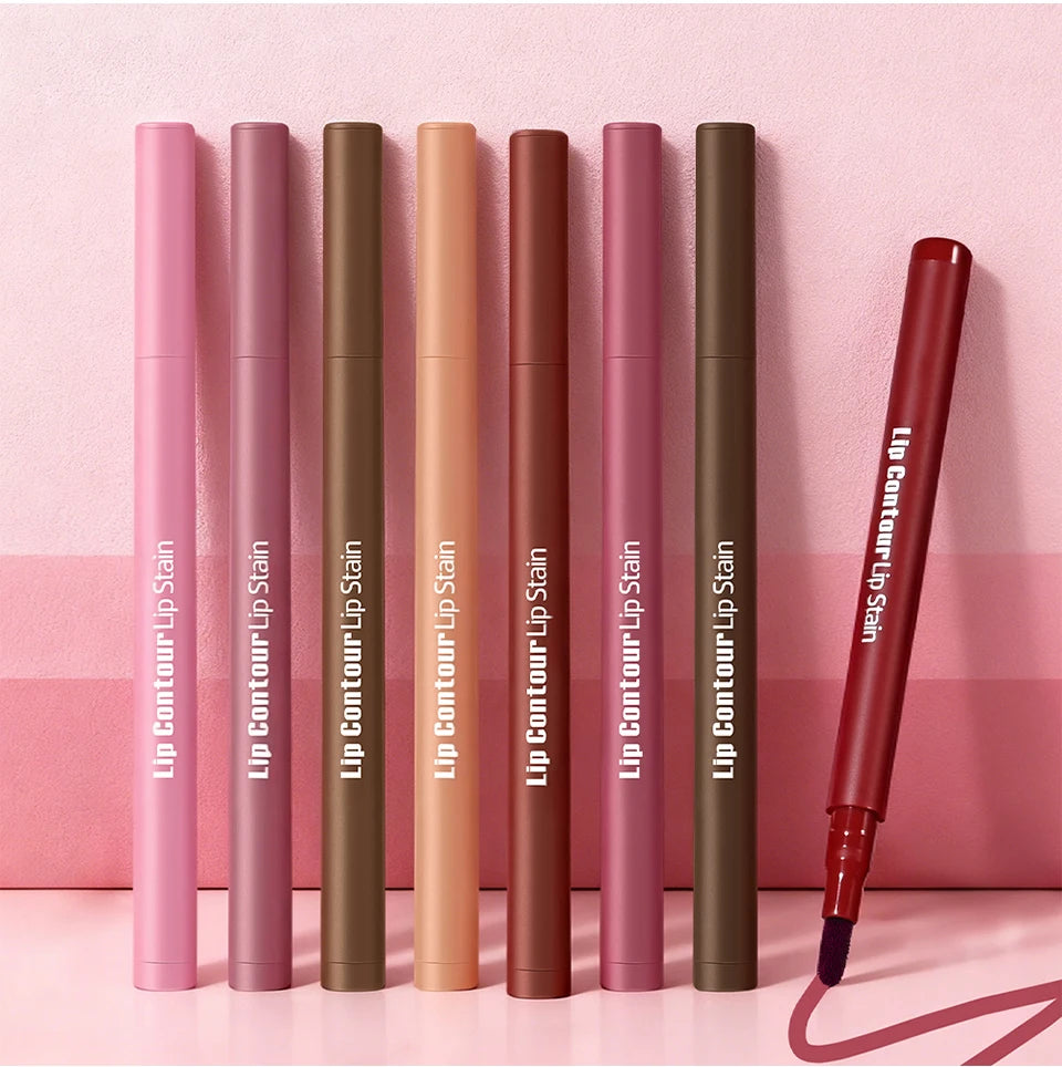 2-in-1 Lip Contour Lip Stain Pen Smudge-proof Non-stick Cup Moisturizing Lip Makeup Cosmetic Dual-Sided Tip Lip Stain & Liner