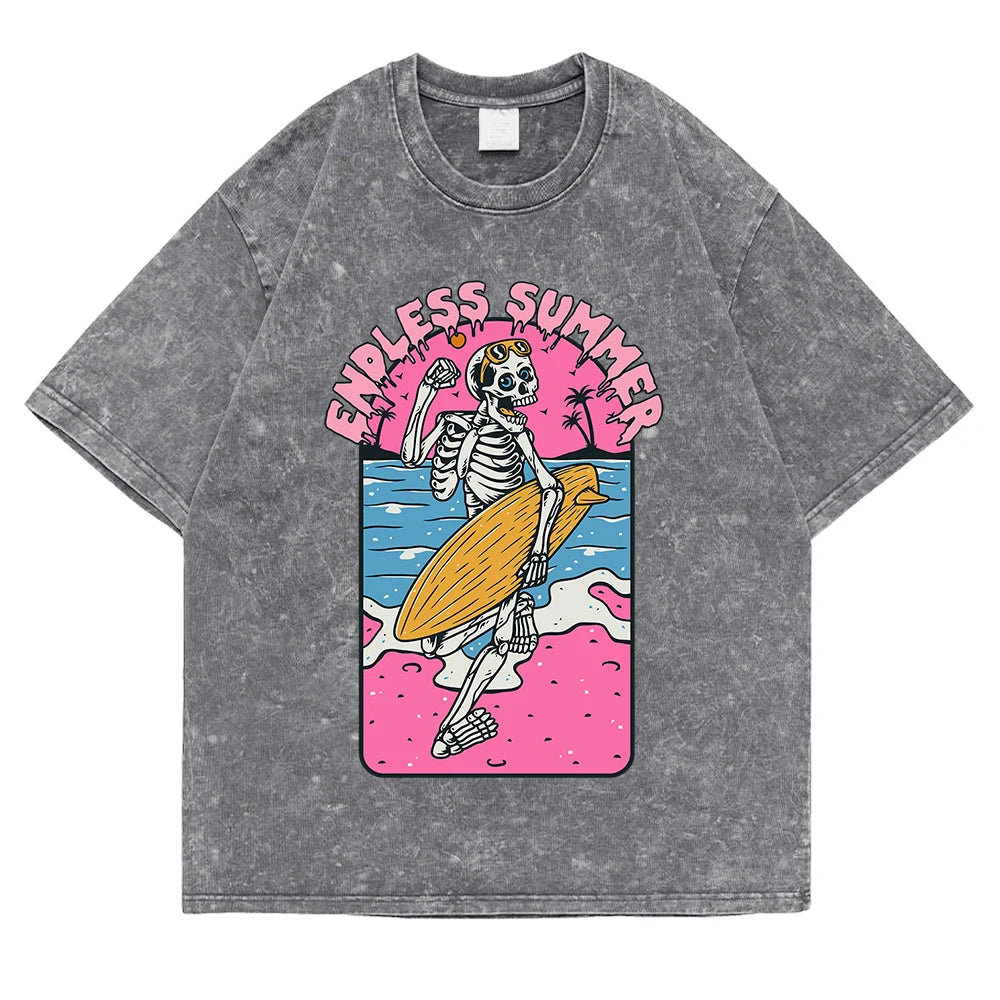 Endless Summer Skeleton Surfing 
Washed Retro Snow Clothing Men Quality T-Shirt Summer Cotton T-Shirts Hip Hop Street Loose Tops