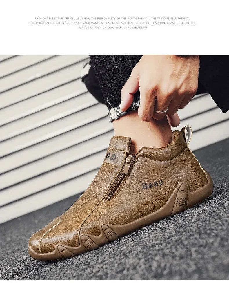 Men's Leather Shoes Ankle Boots Casual Leather Loafers Zipper Comfortable Formal Flat Solid Color White Shoes Driving Moccasins
