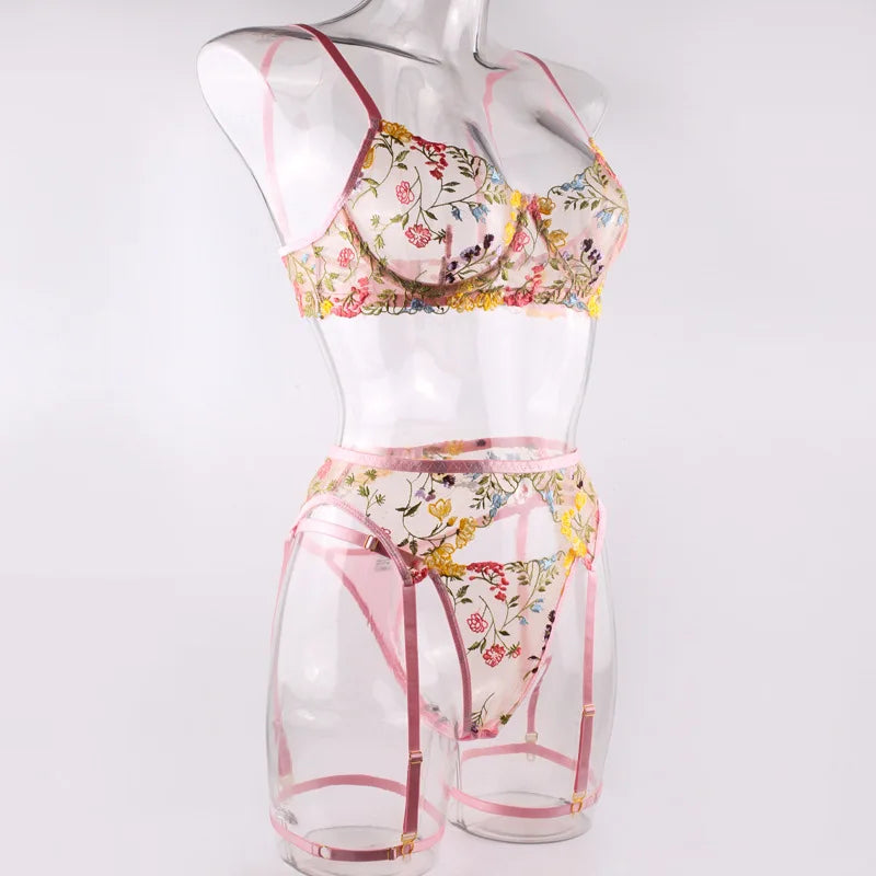 Lingerie Set Sensual Lace Underwear Transparent Embroidery 3 Pcs Garters Fancy Beautiful Short Skin Care Kits Intimate Bra Set
