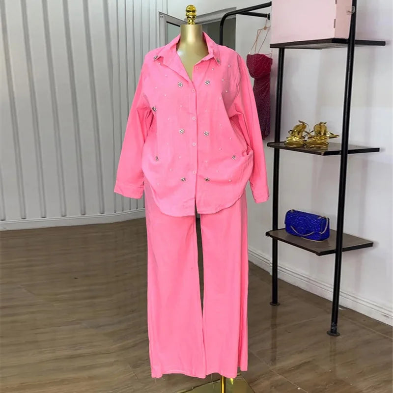 Pant Set Women Two Piece Sets Beaded Turn Down Collar Full Sleeve Shirt Single Breasted Wide Leg Long Pants Elastic Waist 2026