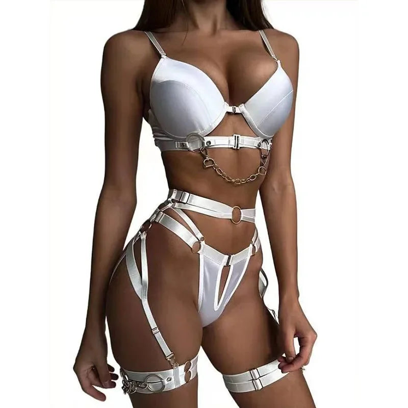 Women Lingerie Sexy Porn Underwear Halter Bra And Panty Set Luxury Garter 3 Pieces With Chain Lady Erotic Sets Sexy Outfit