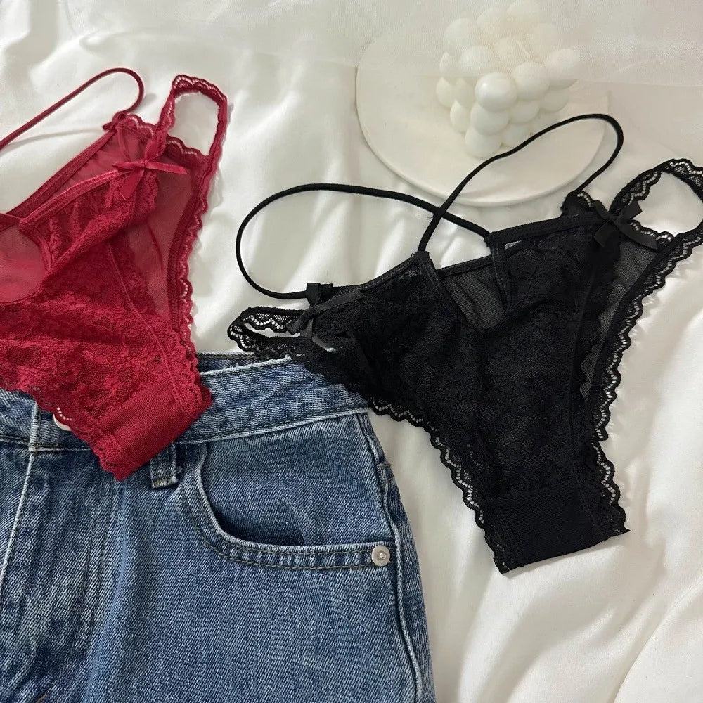 Lingerie Bow Lace Flower Panties Transparent Hollow Lace Mesh Briefs Low Waist Thin Strap Women Underwear Girl