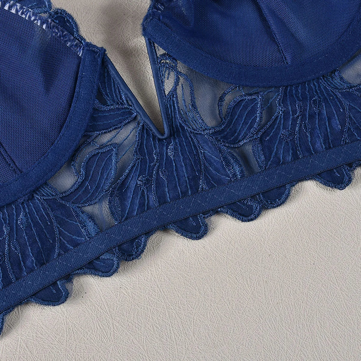 Sexy French Deep V Embroidery Mesh Lingerie Set Autumn Women's Ultra-thin Lace Bra and Panty Set Female Solid See Though Bra