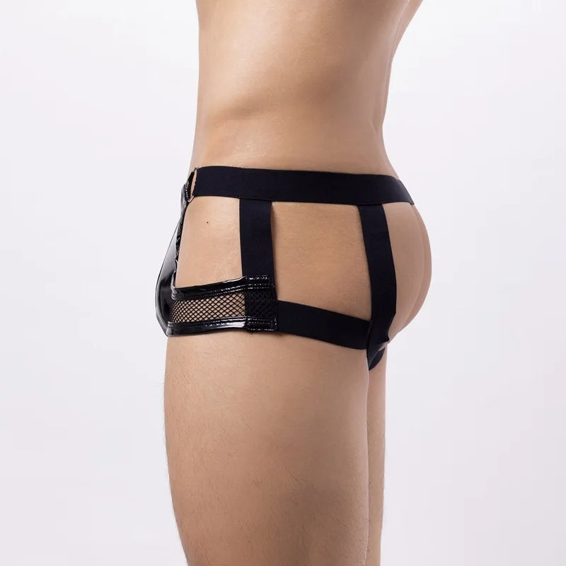 Lingerie Men Briefs Thong G-string String Homme PU Leather Mesh Patchwork Latex Panties Jockstrap Exotic Open Butt Gay Boxers