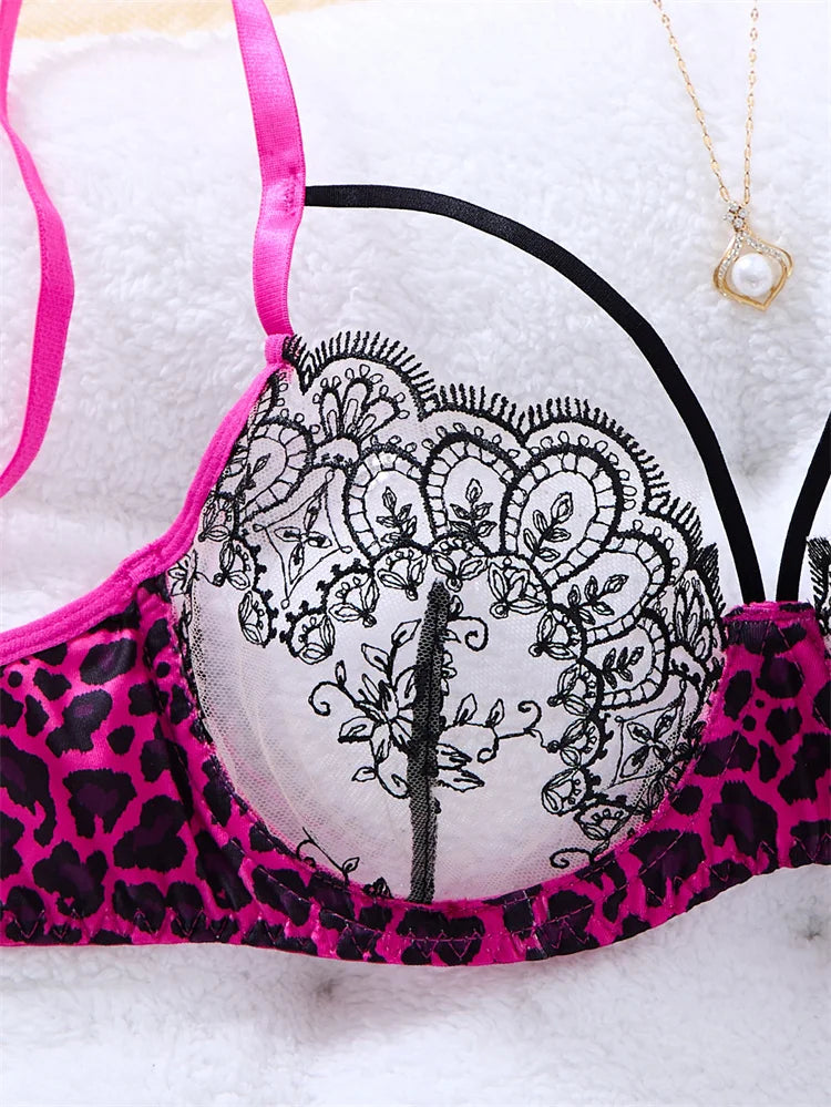 Lingerie Sexy Hot Female Lace Underwear Transparent Bra Panty Set Three-point Underwear Pure Desire Leopard Print Lingerie Set