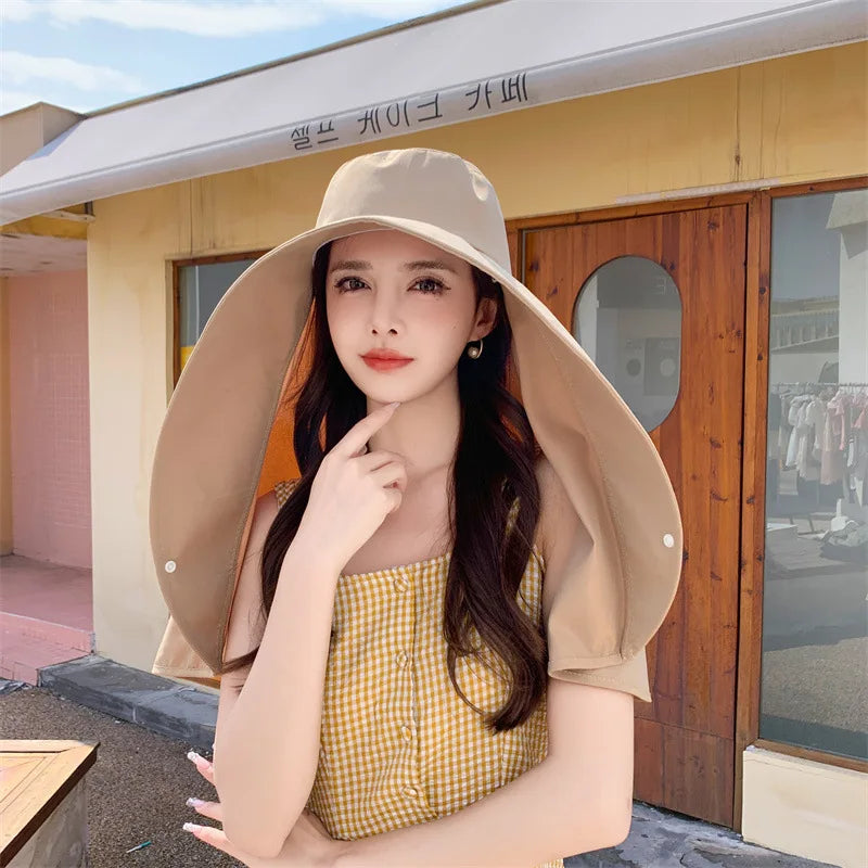 Summer Hats for Women Outdoor UV Anti Neck Protection Sun Visors for Lady Fishing Hiking Wide Brim Shawl Sunscreen Ponytail Cap